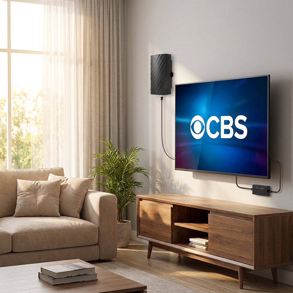Long Range Indoor HDTV 4K Digital Antenna shown in use in a modern living room