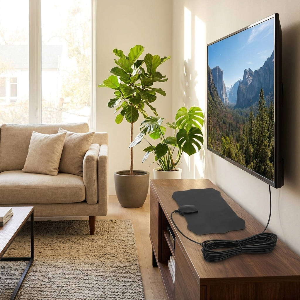Indoor Satellite HDTV Antenna shown in use in a modern living room