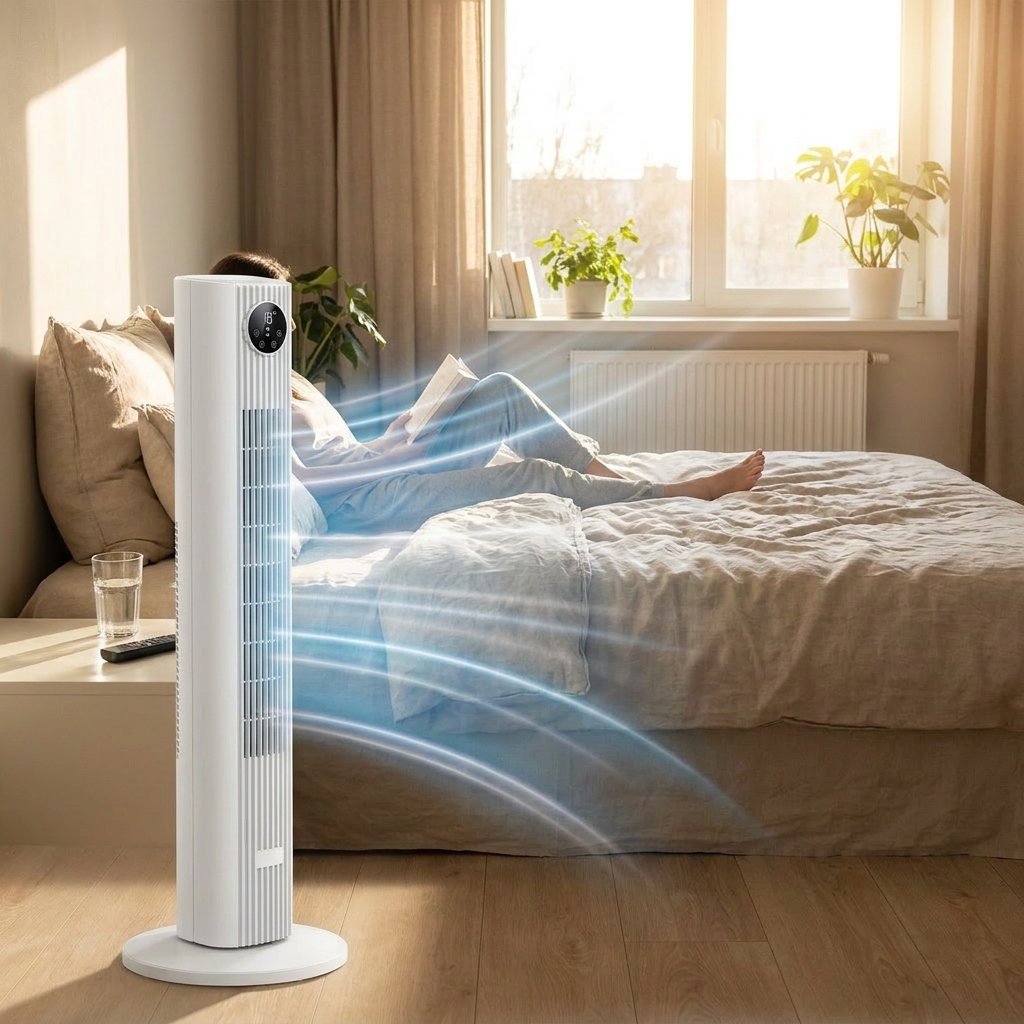 Portable AC unit air cooler shown in use in a modern bedroom