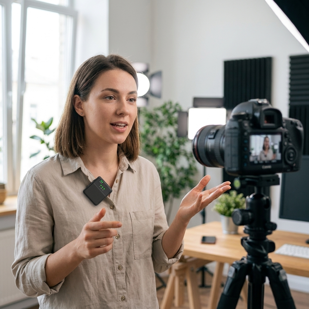 Wireless Bluetooth lavalier lapel microphone shown in use by a content creator