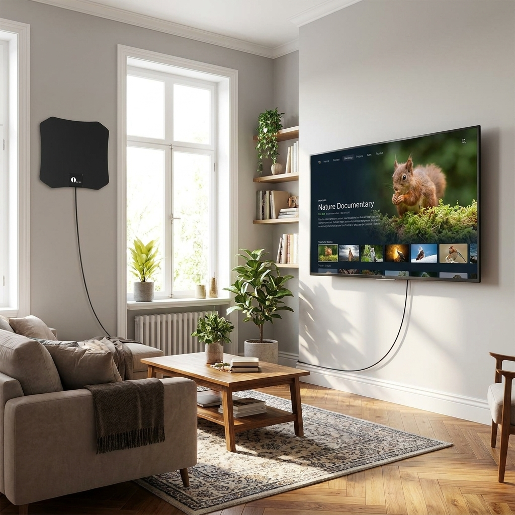 Indoor HDTV Satellite Antenna shown in use in a modern living room