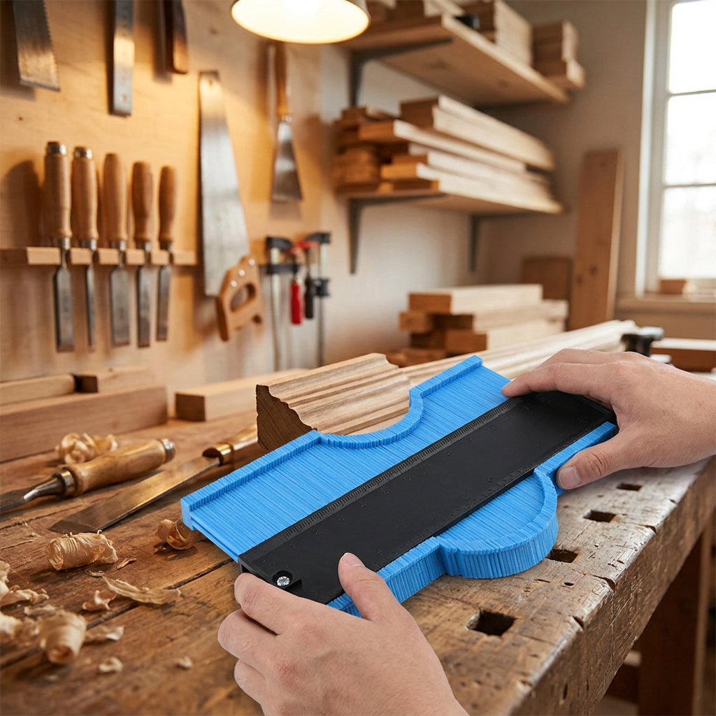 Precision contour gauge shown in use on a woodworking workbench