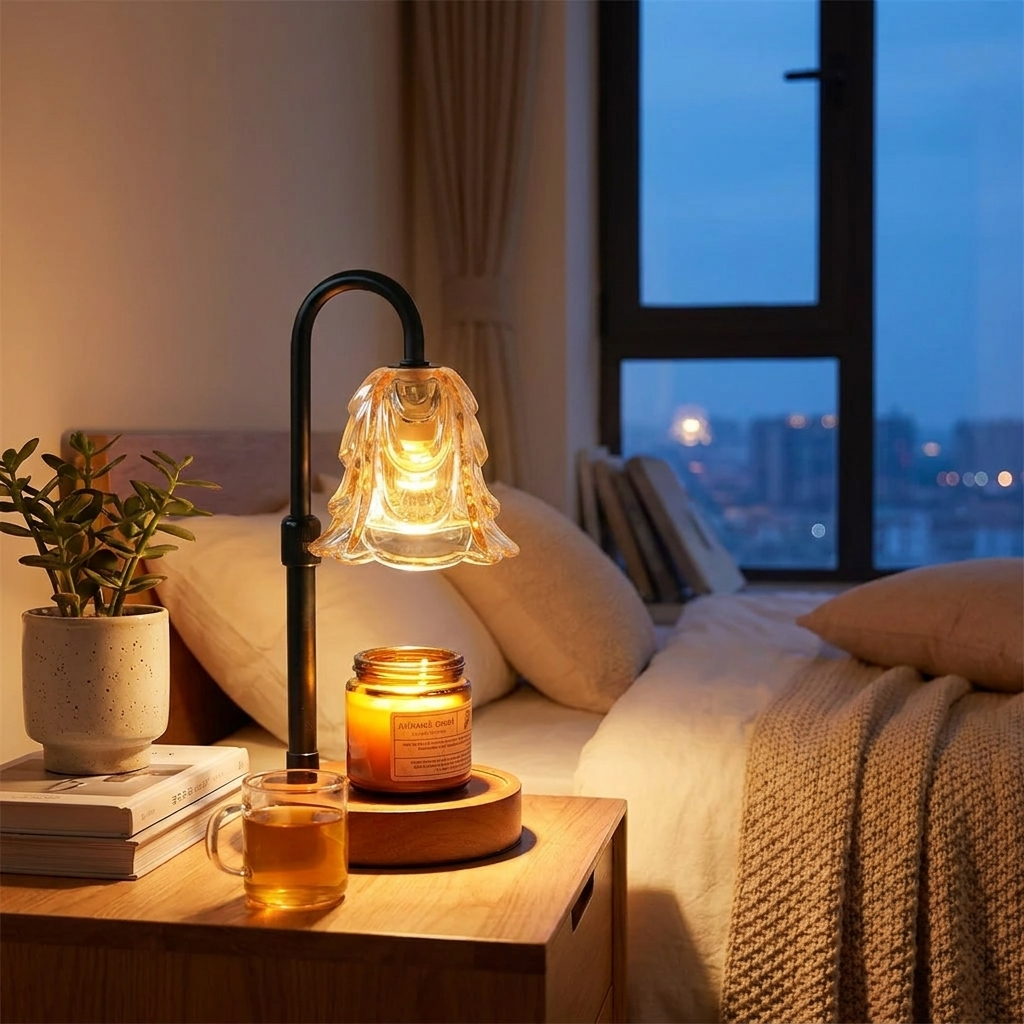 Flower candle warmer lamp glowing on a bedside table