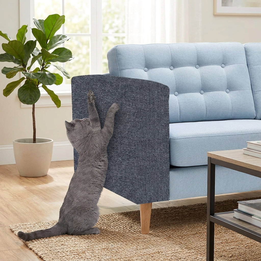 Cat scratch couch guard protector shown on a sofa corner