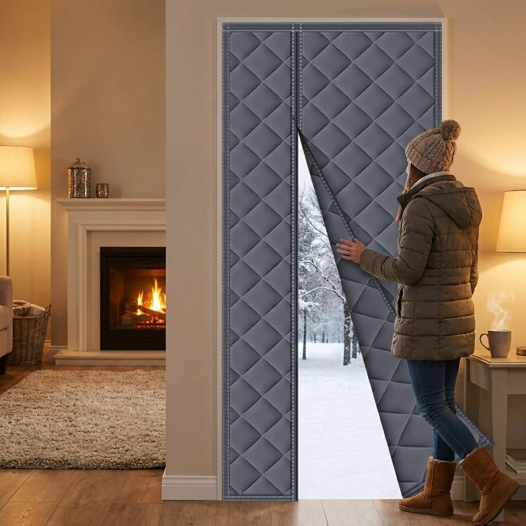 Magnetic thermal door insulation curtain hung in a winter doorway