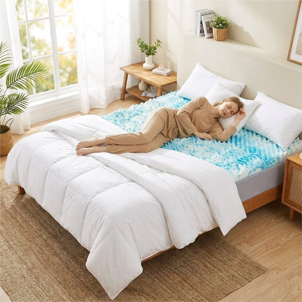 Cooling egg crate foam mattress topper on a bed