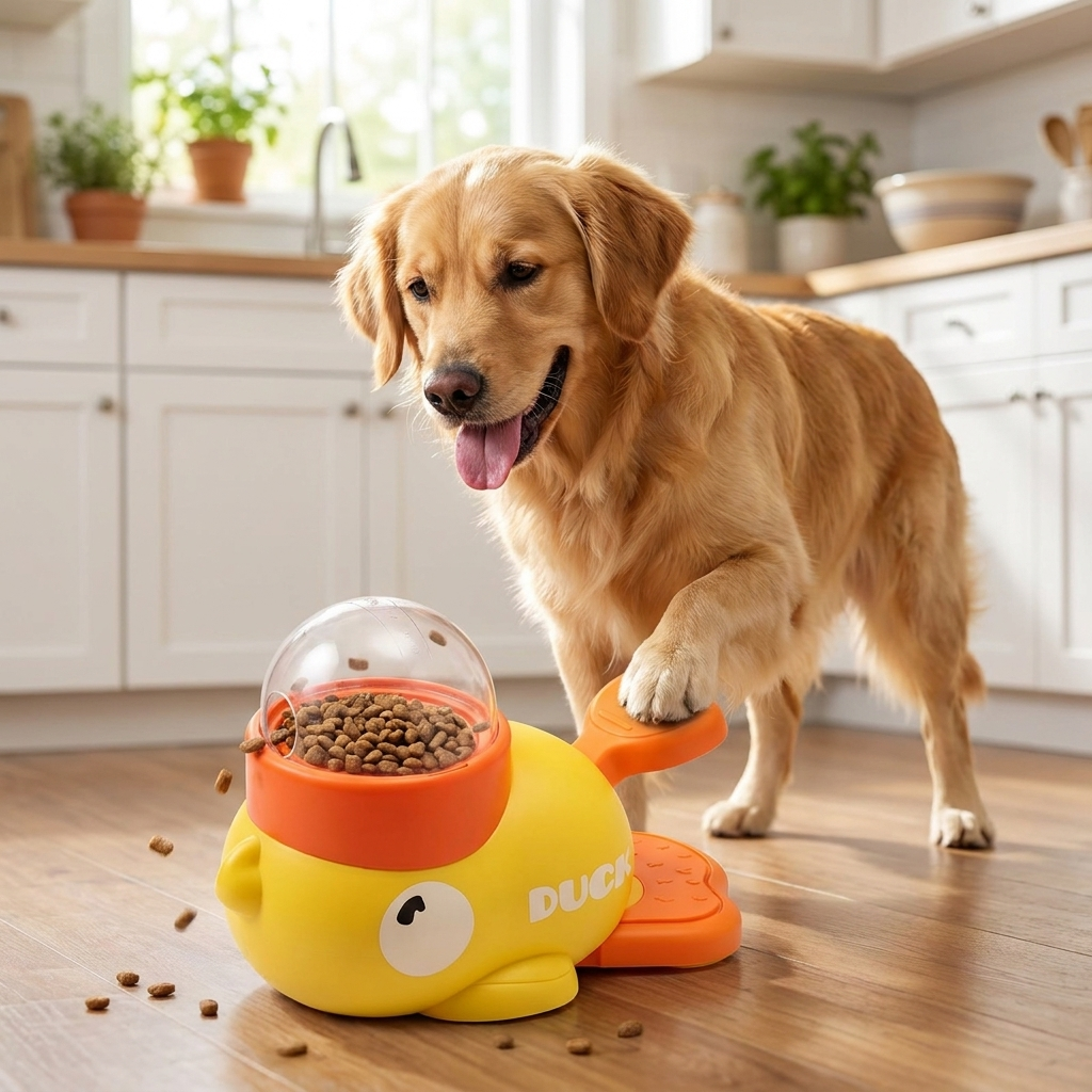 Duck dog puzzle feeder shown in use with a dog in a kitchen