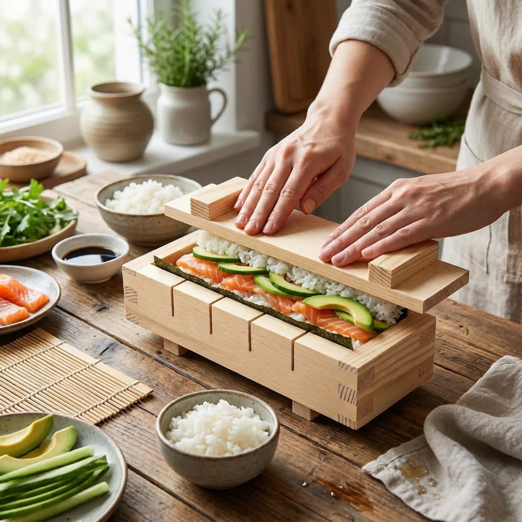 Wooden sushi maker press mold shown in use making sushi