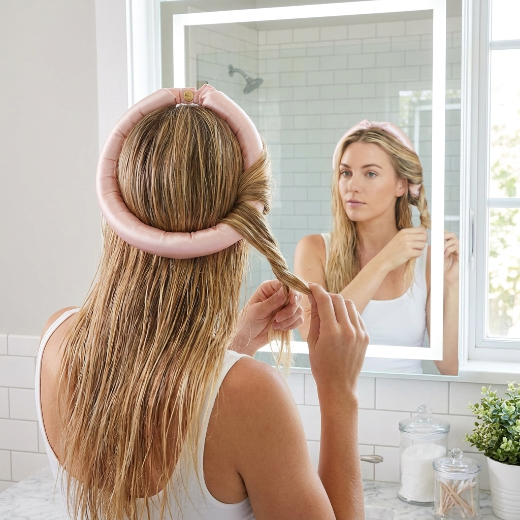 Satin heatless hair curler headband worn by a woman