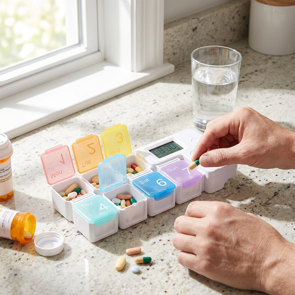 Weekly pill organizer shown in use on a kitchen counter