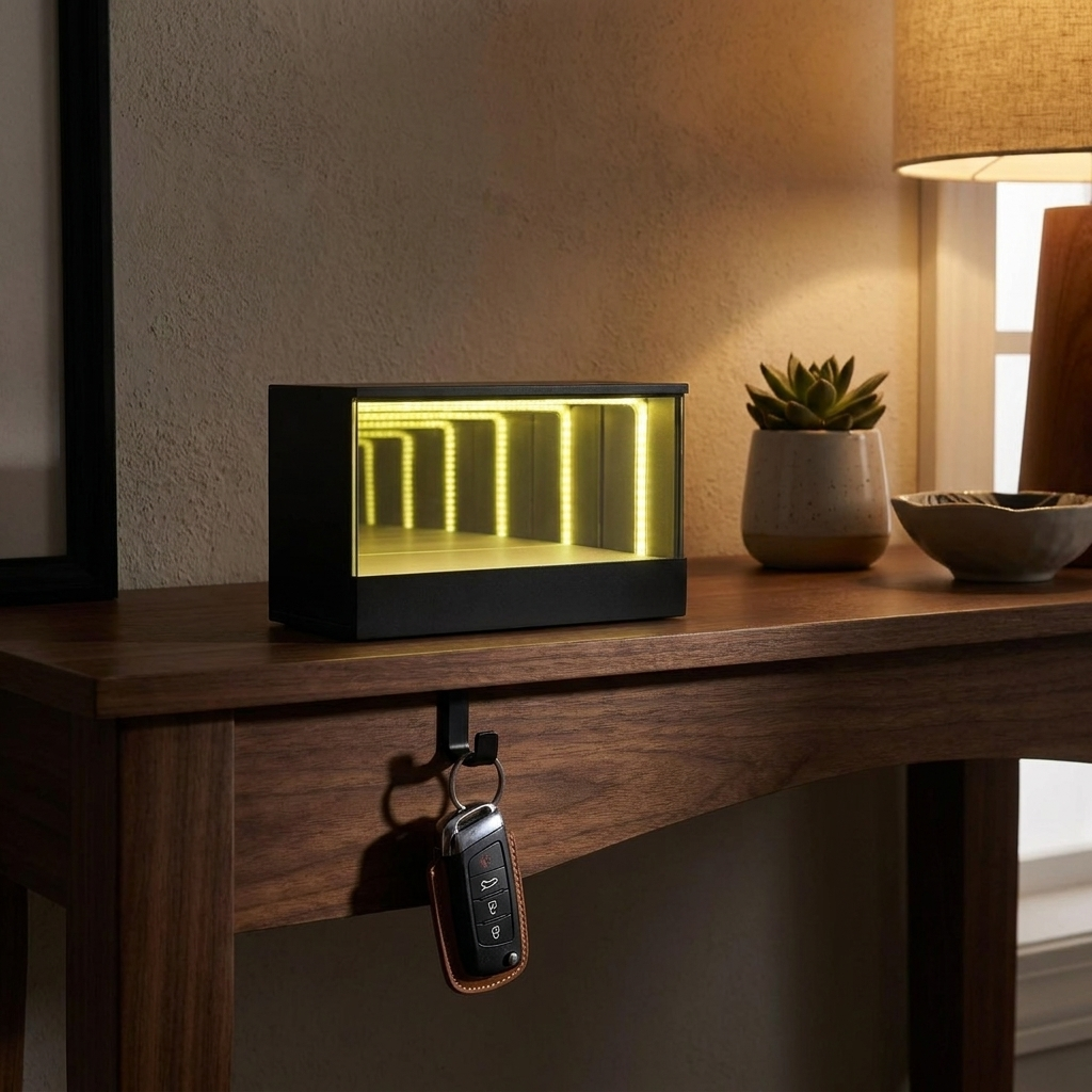 Infinity LED car key holder glowing on an entryway table