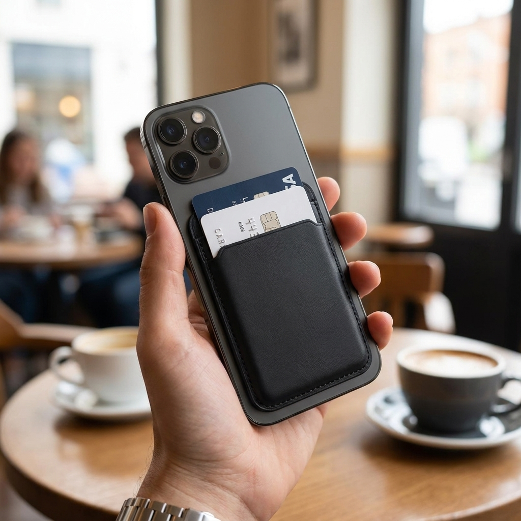 Magnetic leather card holder wallet attached to an iPhone