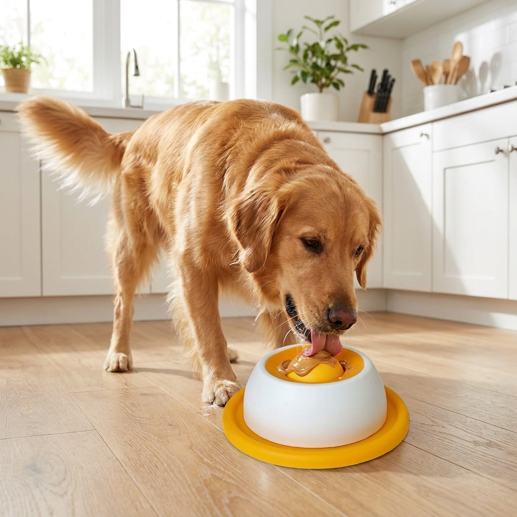 Slow feeder pet lick mat shown in use with a dog