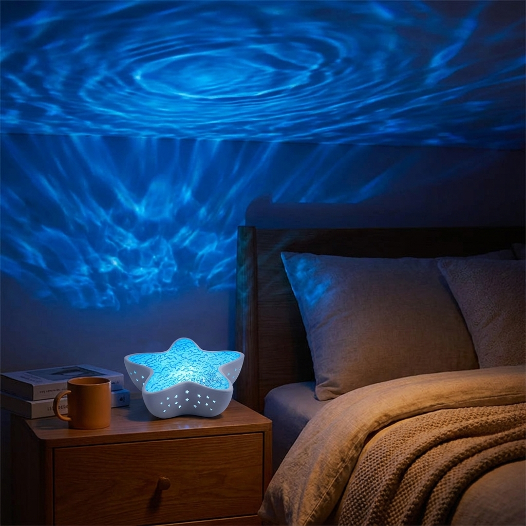 Ocean wave night light projector casting ripples in a bedroom