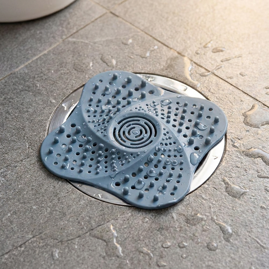 Spiral shower drain hair catcher shown in a shower drain