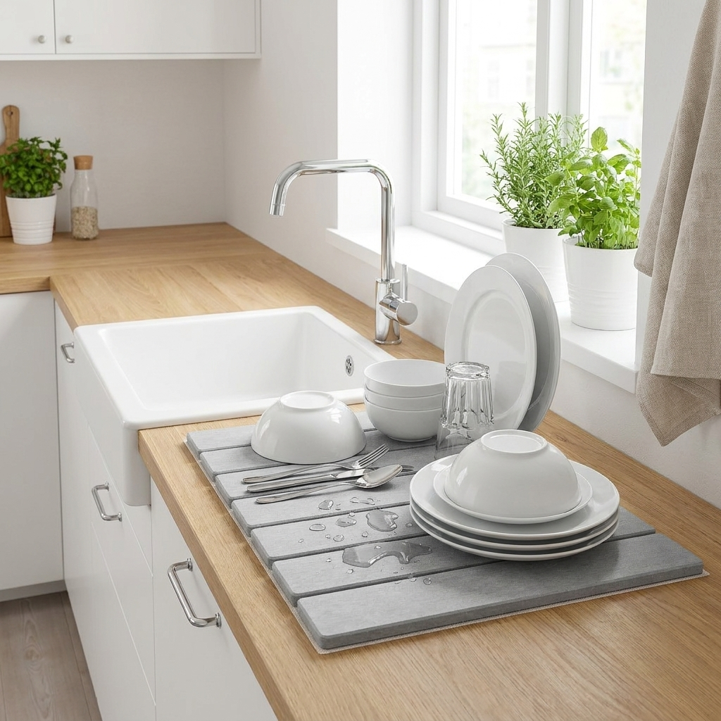 Diatomite stone dish drying mat shown in use on a kitchen counter