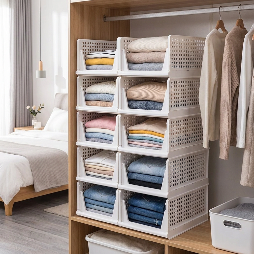 Stackable plastic drawer closet organizer shown in use holding folded clothes