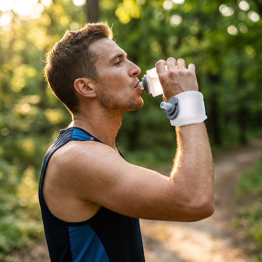 Outdoor sports water bottle in use during a trail run - lifestyle
