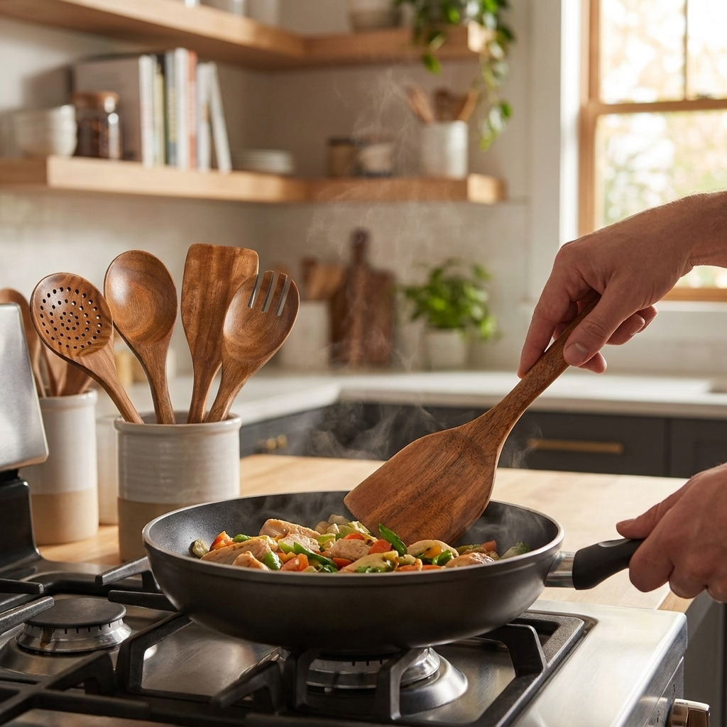 Wooden teak cooking utensils in use - lifestyle
