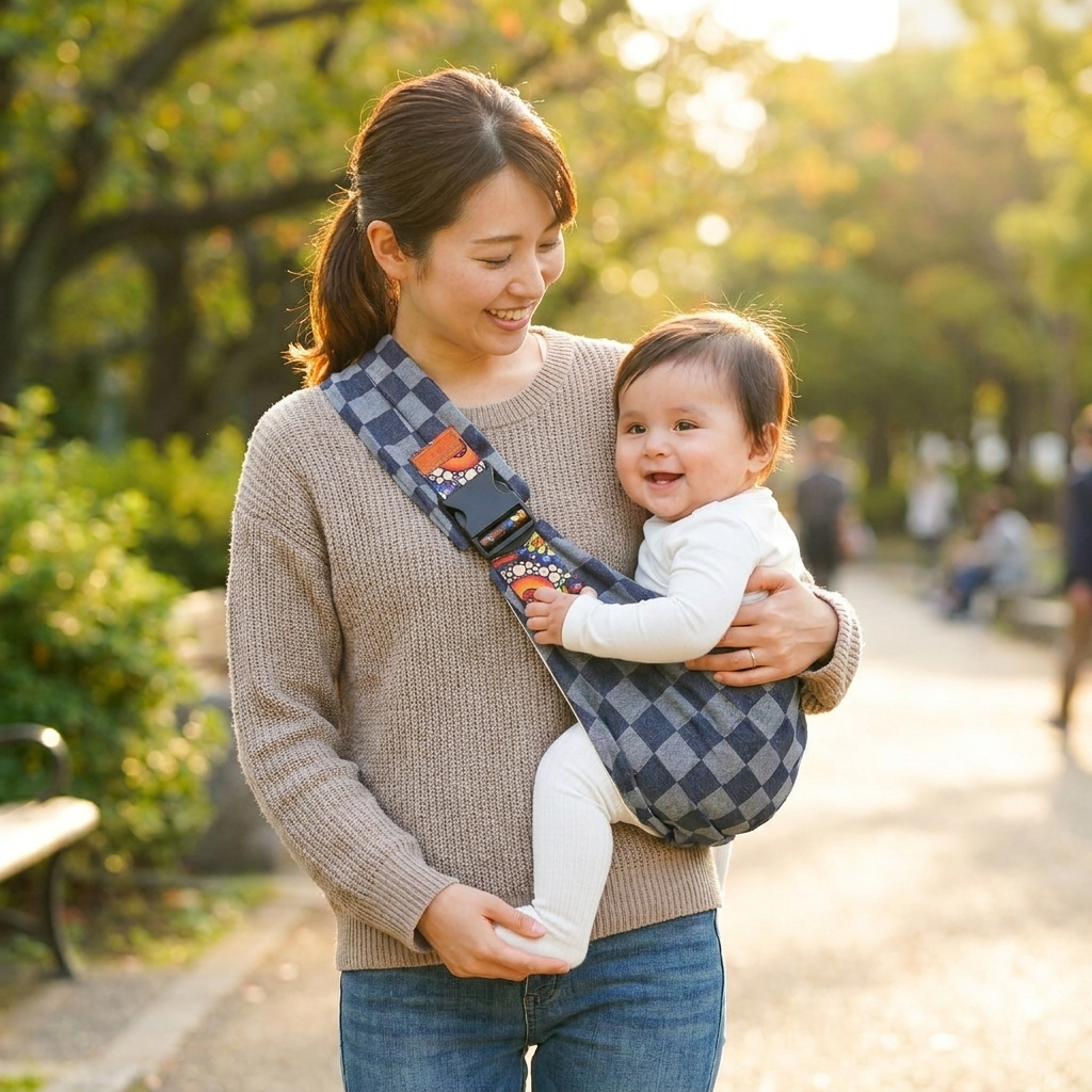 Crossbody baby carrier strap in use - lifestyle
