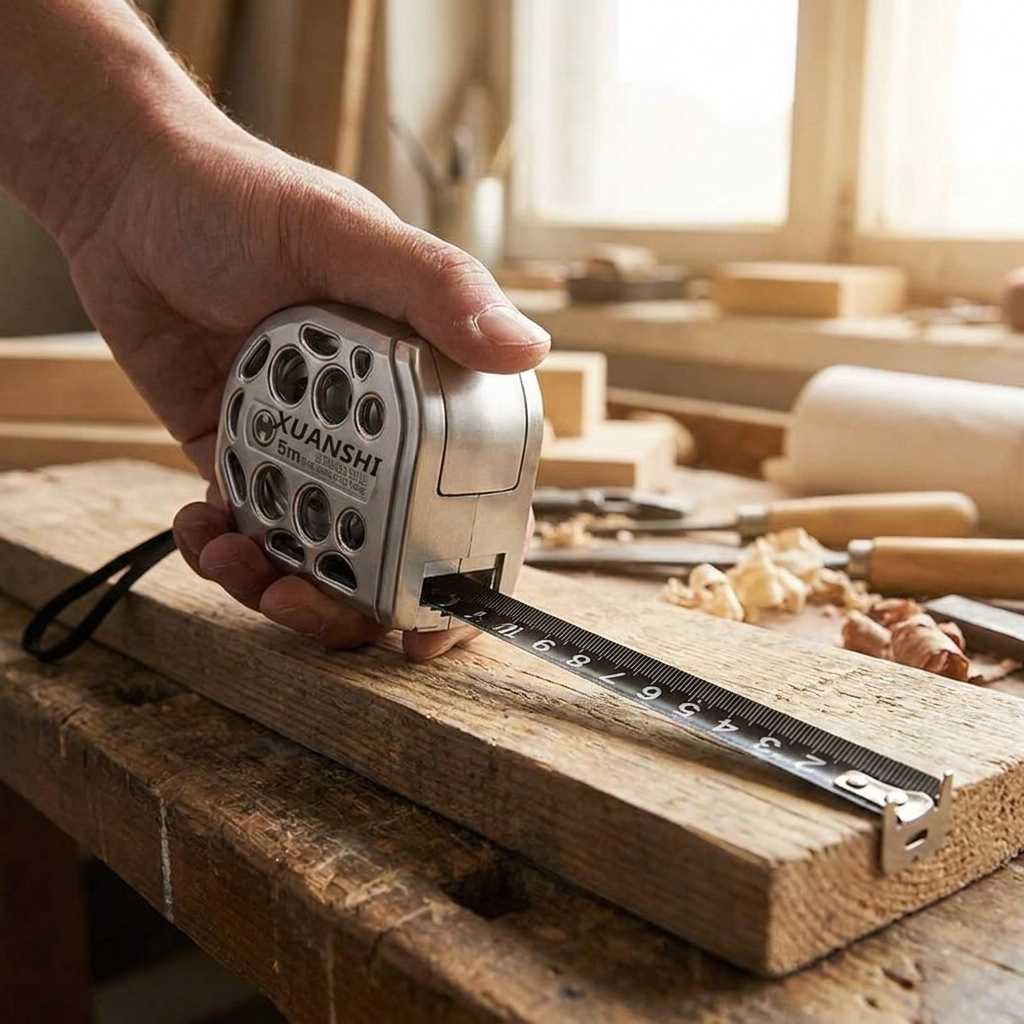 Stainless steel tape measure in use - lifestyle