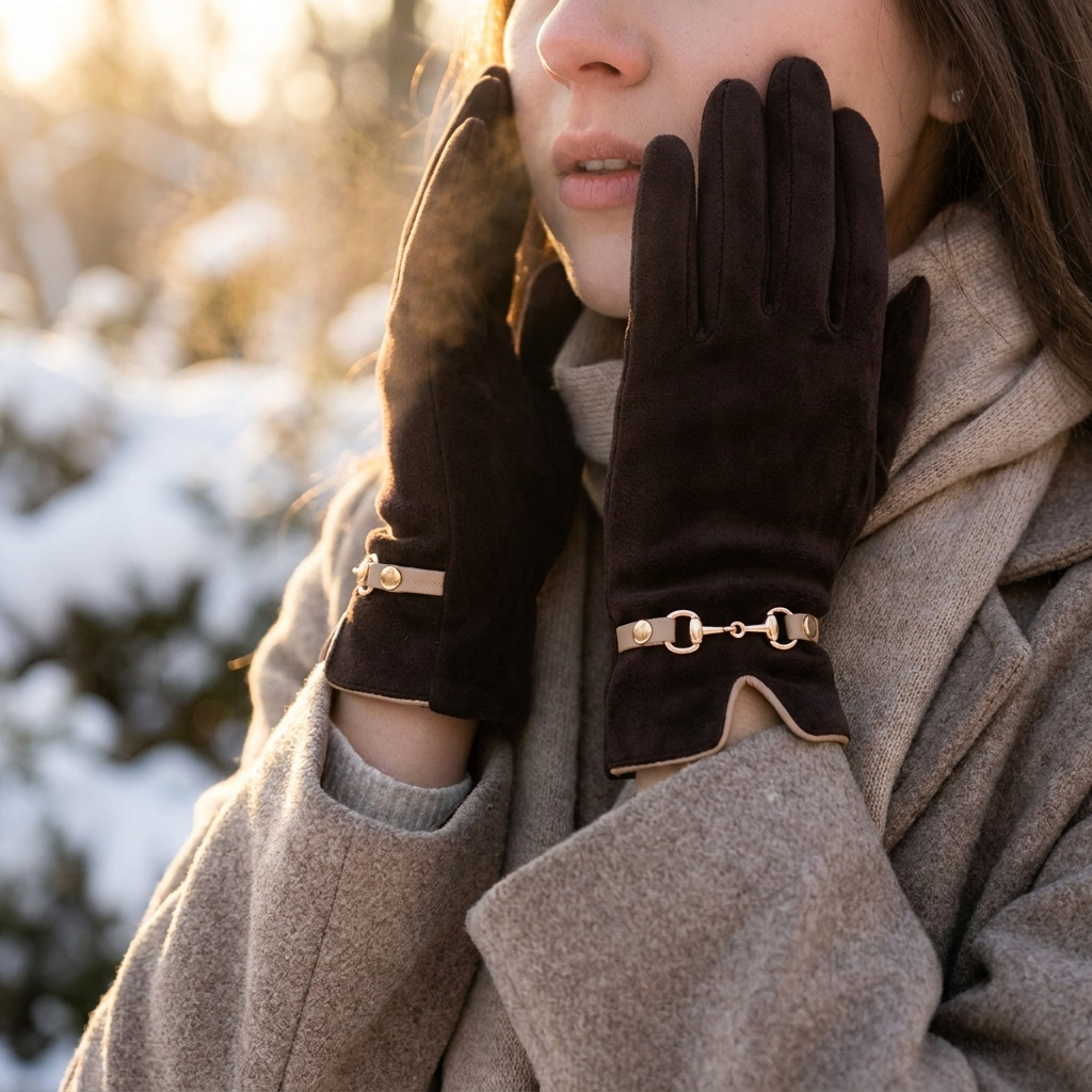 Plush velvet gloves worn - lifestyle