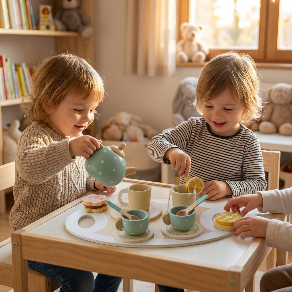 Wooden tea and dessert play set in use - lifestyle