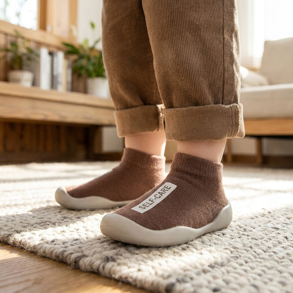 Soft-bottom baby indoor shoes worn - lifestyle