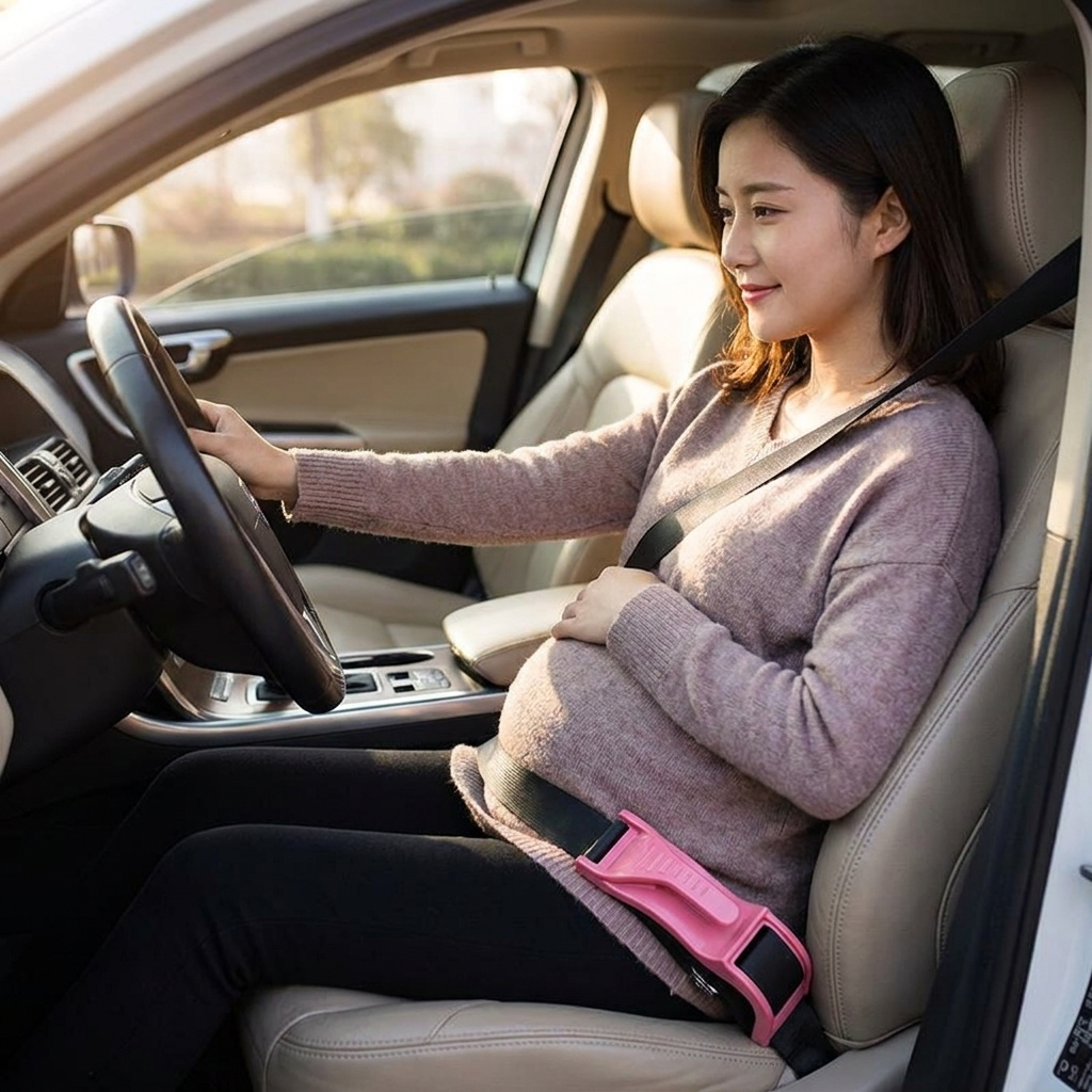 Maternity car seat belt adjuster in use - lifestyle