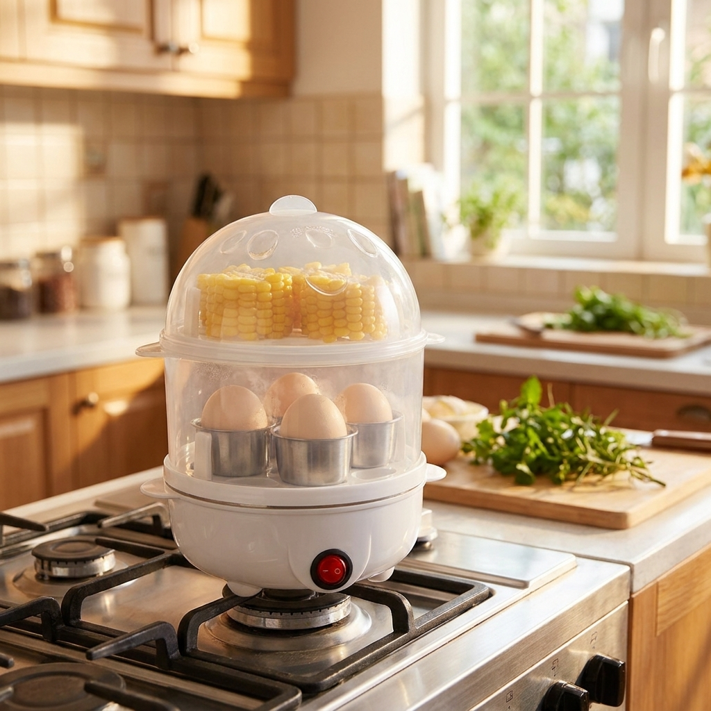Stainless steel egg poacher in use - lifestyle
