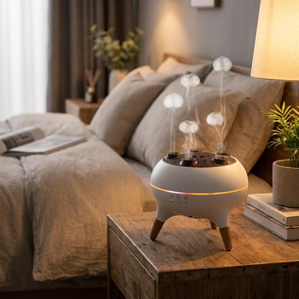 Jellyfish humidifier in bedroom, lifestyle