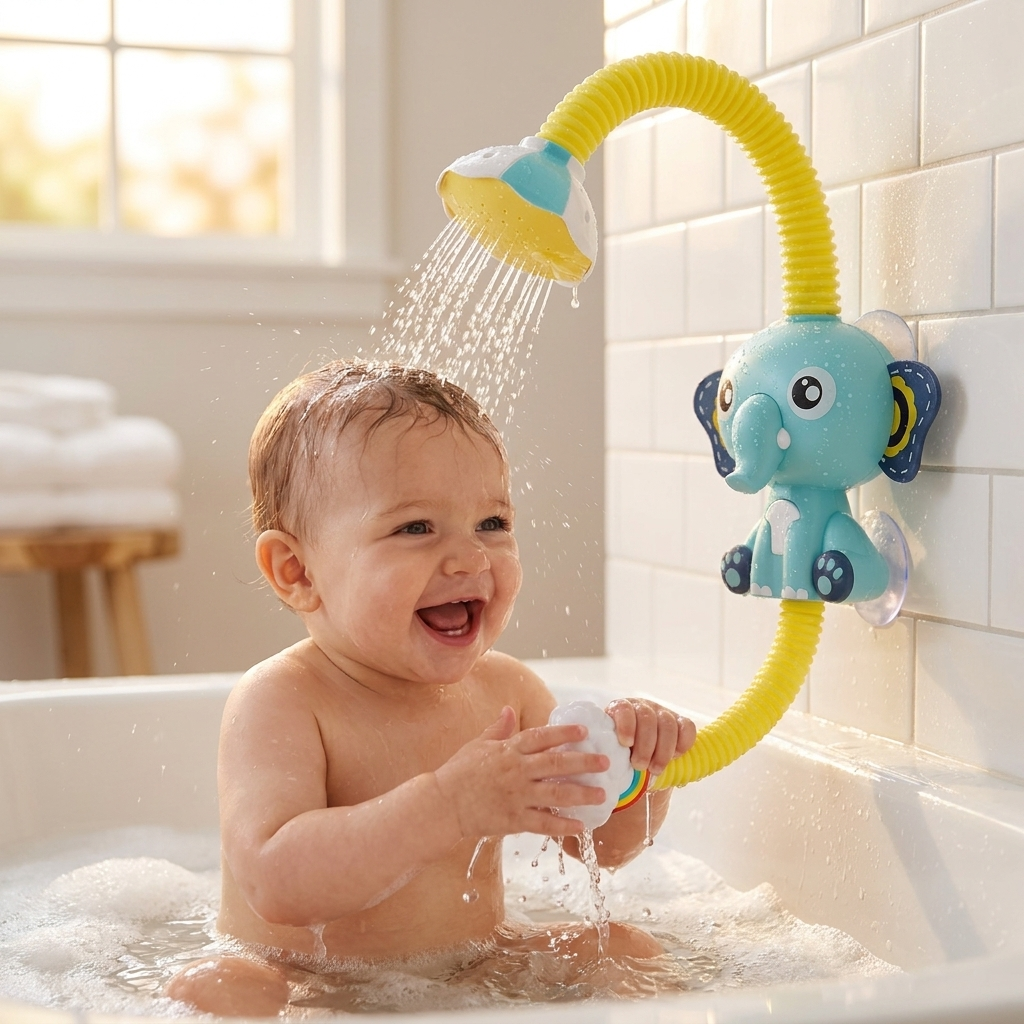 Elephant bath toy in use, lifestyle