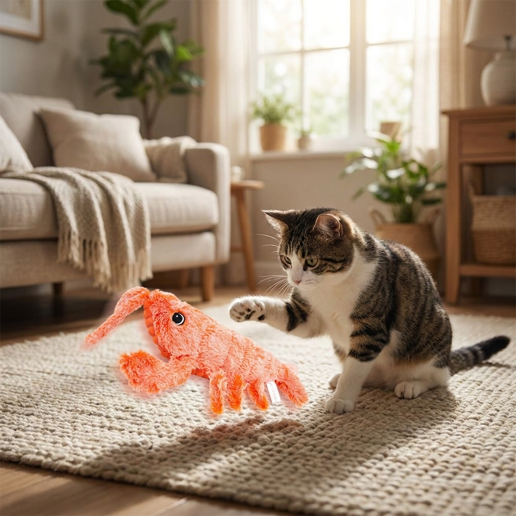 Jumping shrimp cat toy in use, lifestyle