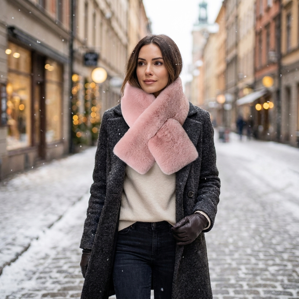 Plush fur scarf worn, lifestyle