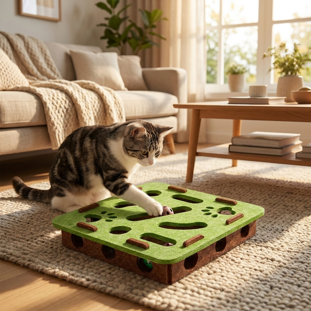 Cat puzzle toy in use, lifestyle