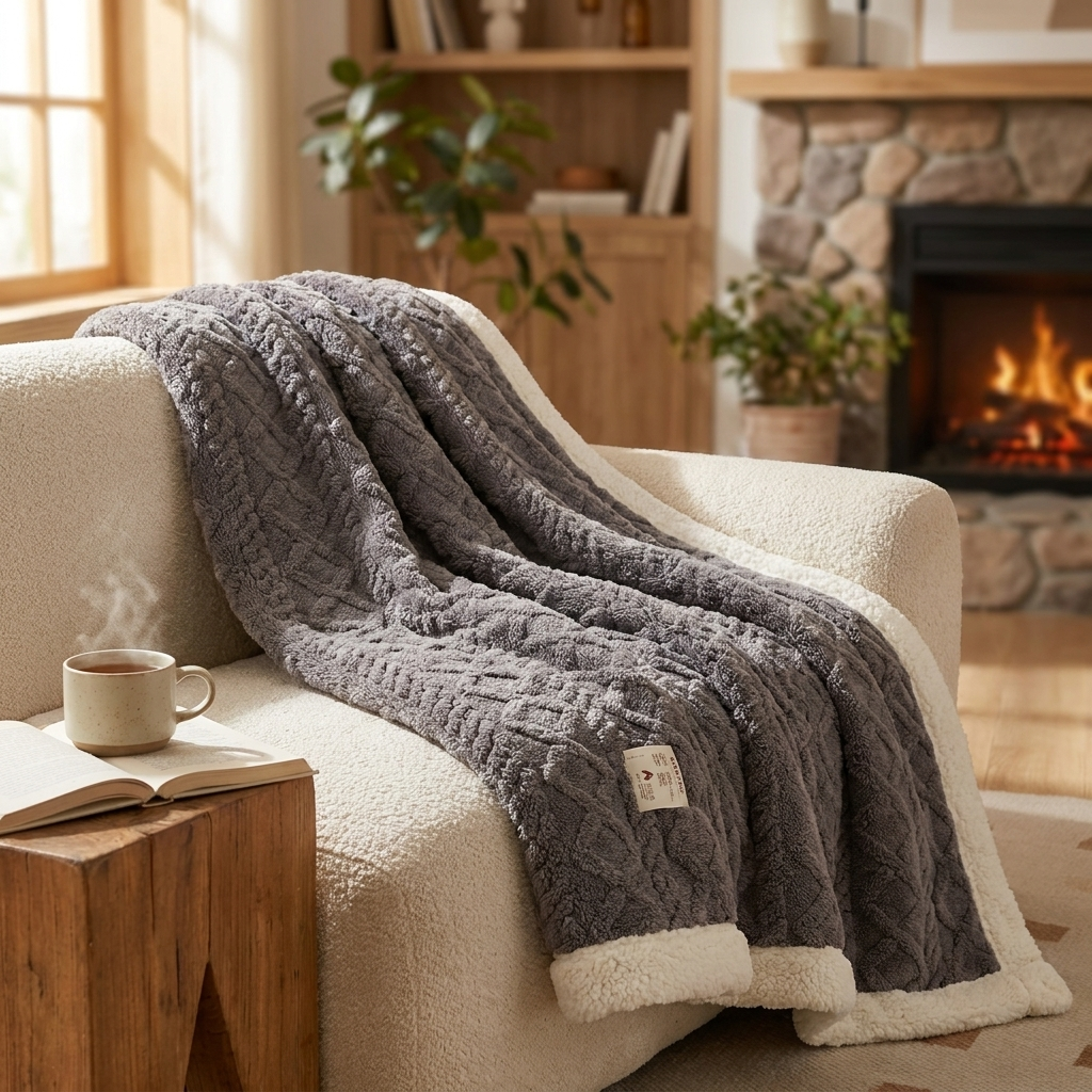 Fleece blanket on sofa, lifestyle