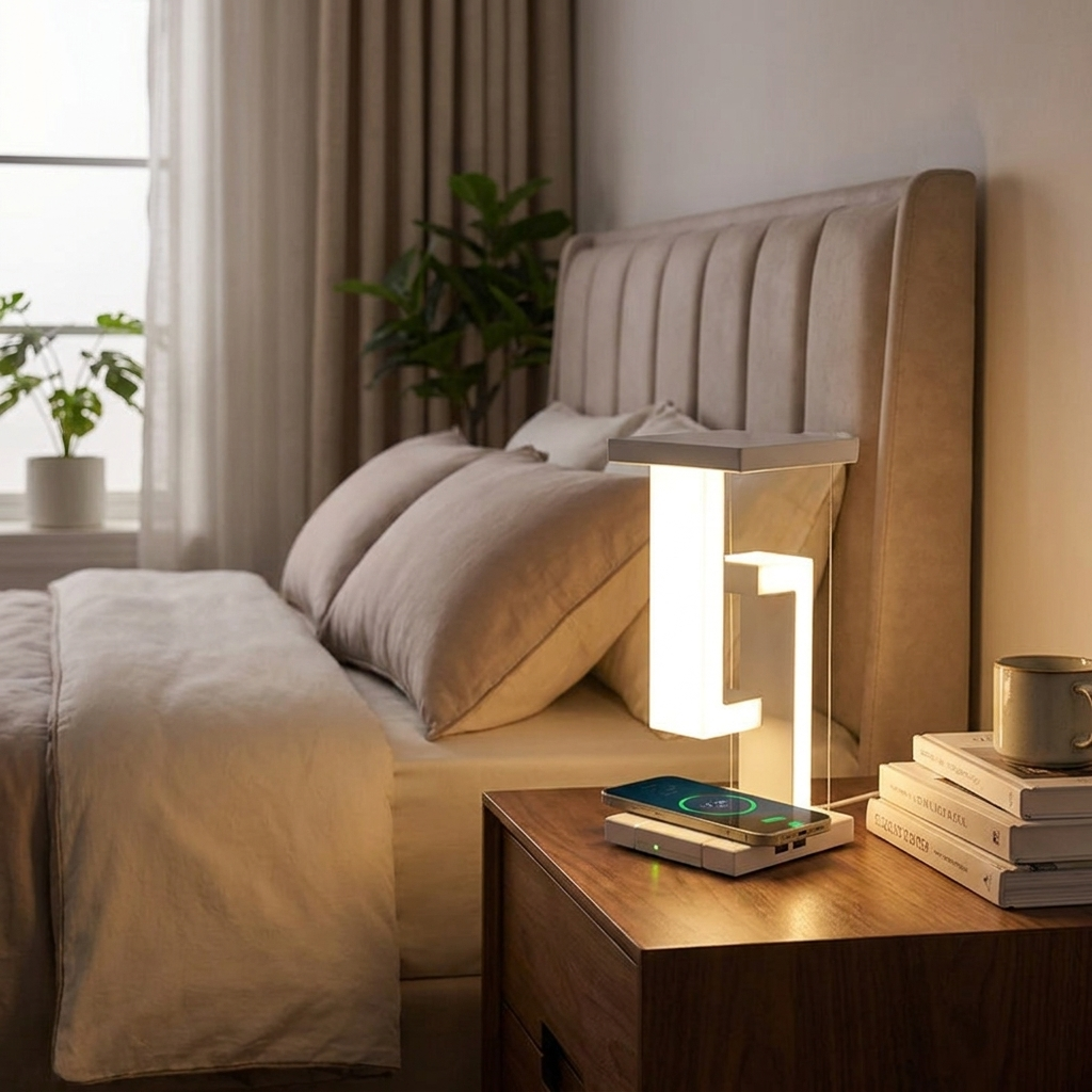 Suspension lamp in bedroom, lifestyle