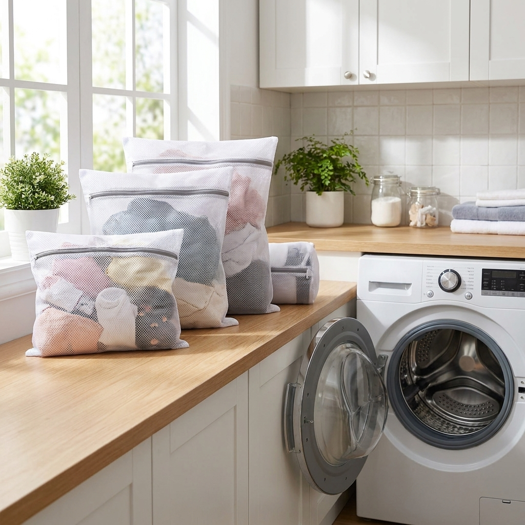 Mesh laundry bag in laundry room, lifestyle