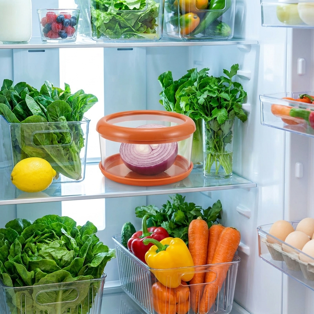 Onion storage box in fridge, lifestyle