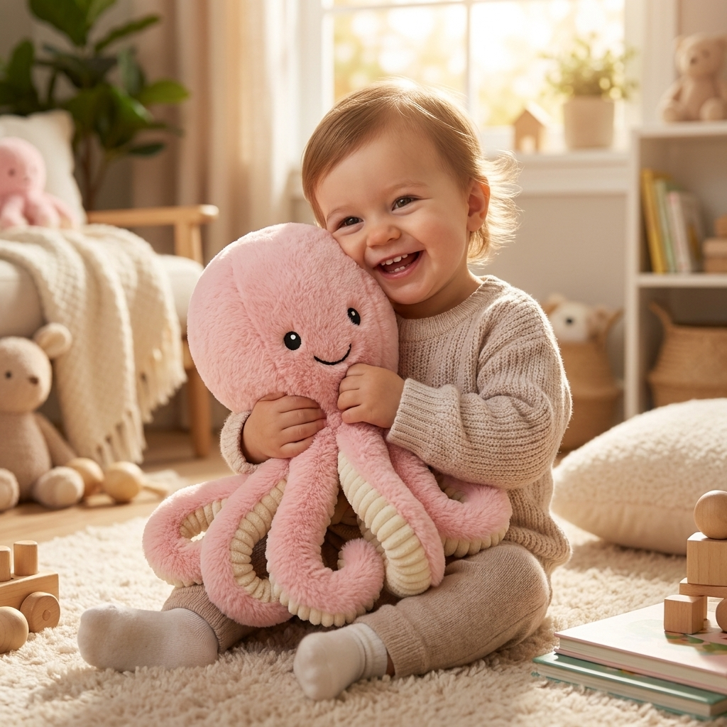 Octopus plush toy held by child, lifestyle