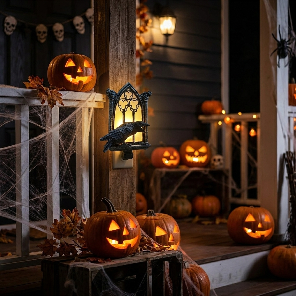 Halloween crow lamp glowing, lifestyle