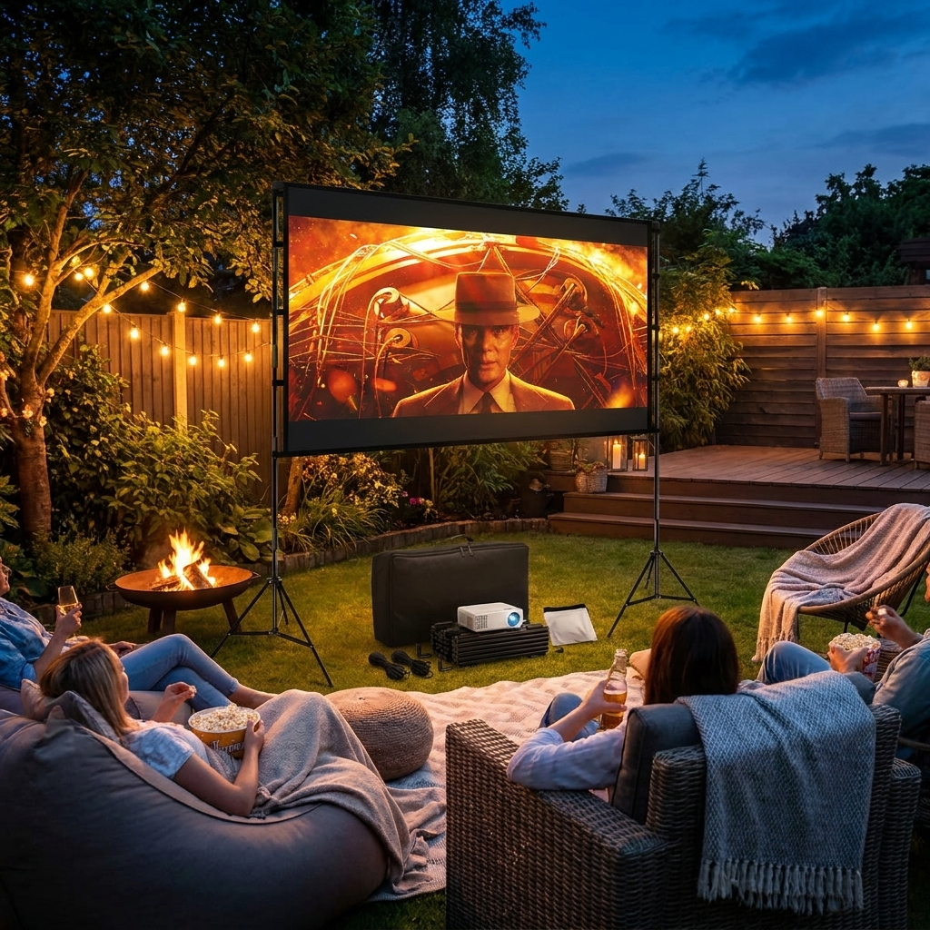 Projector screen backyard, lifestyle