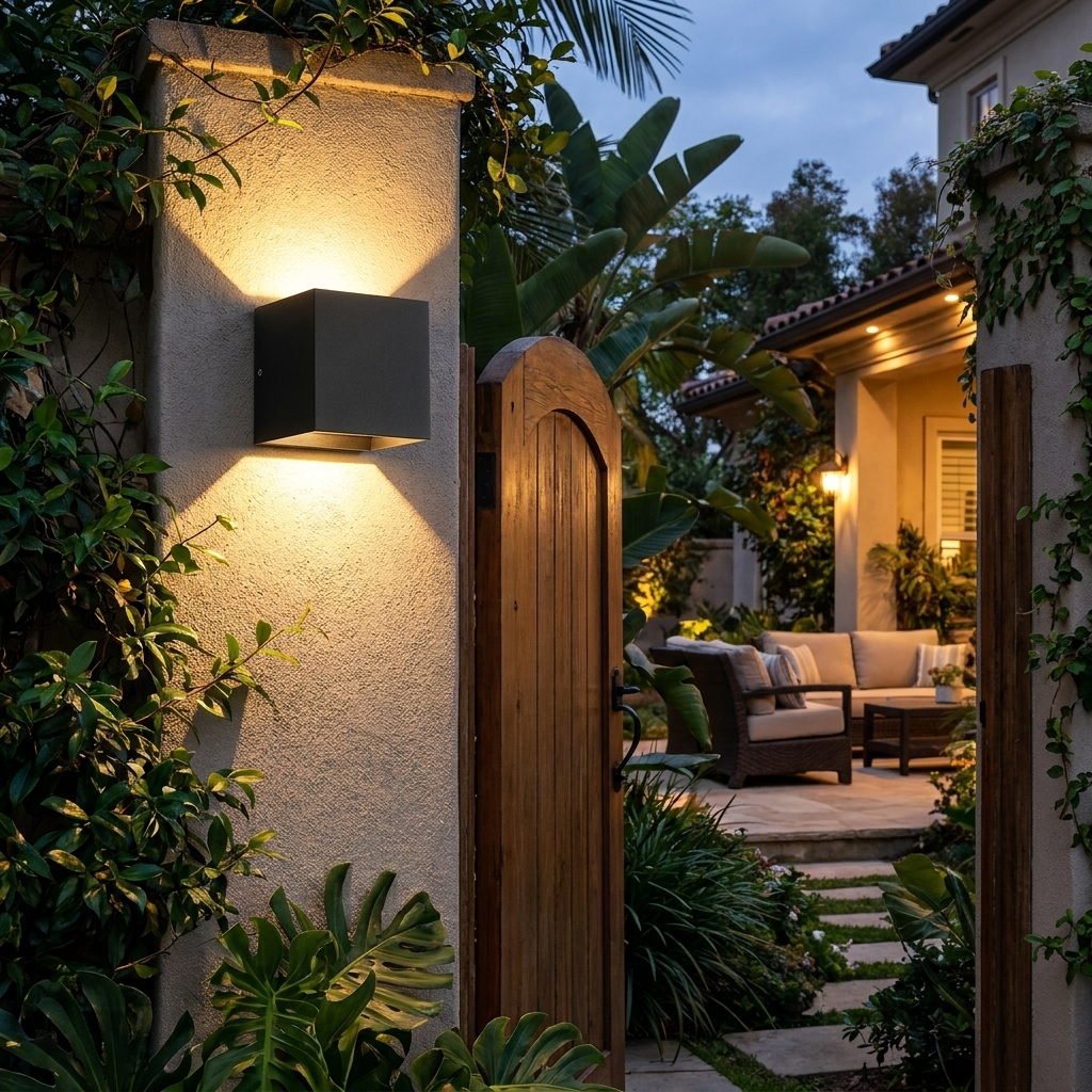 Outdoor wall lamp at dusk, lifestyle