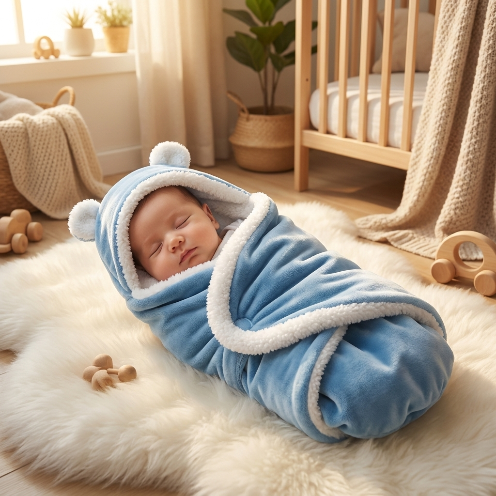 Newborn in velvet swaddle, lifestyle