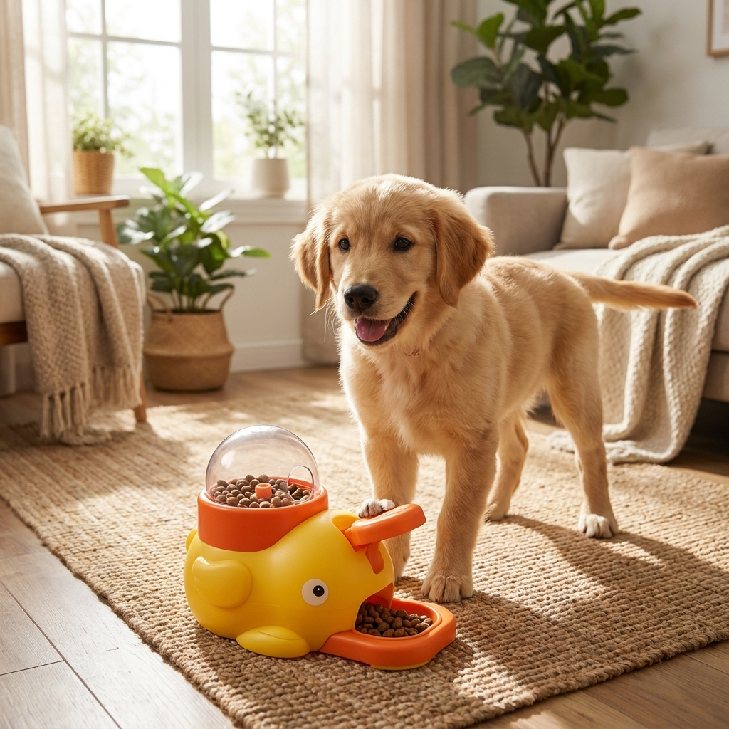 Dog puzzle feeder in use, lifestyle