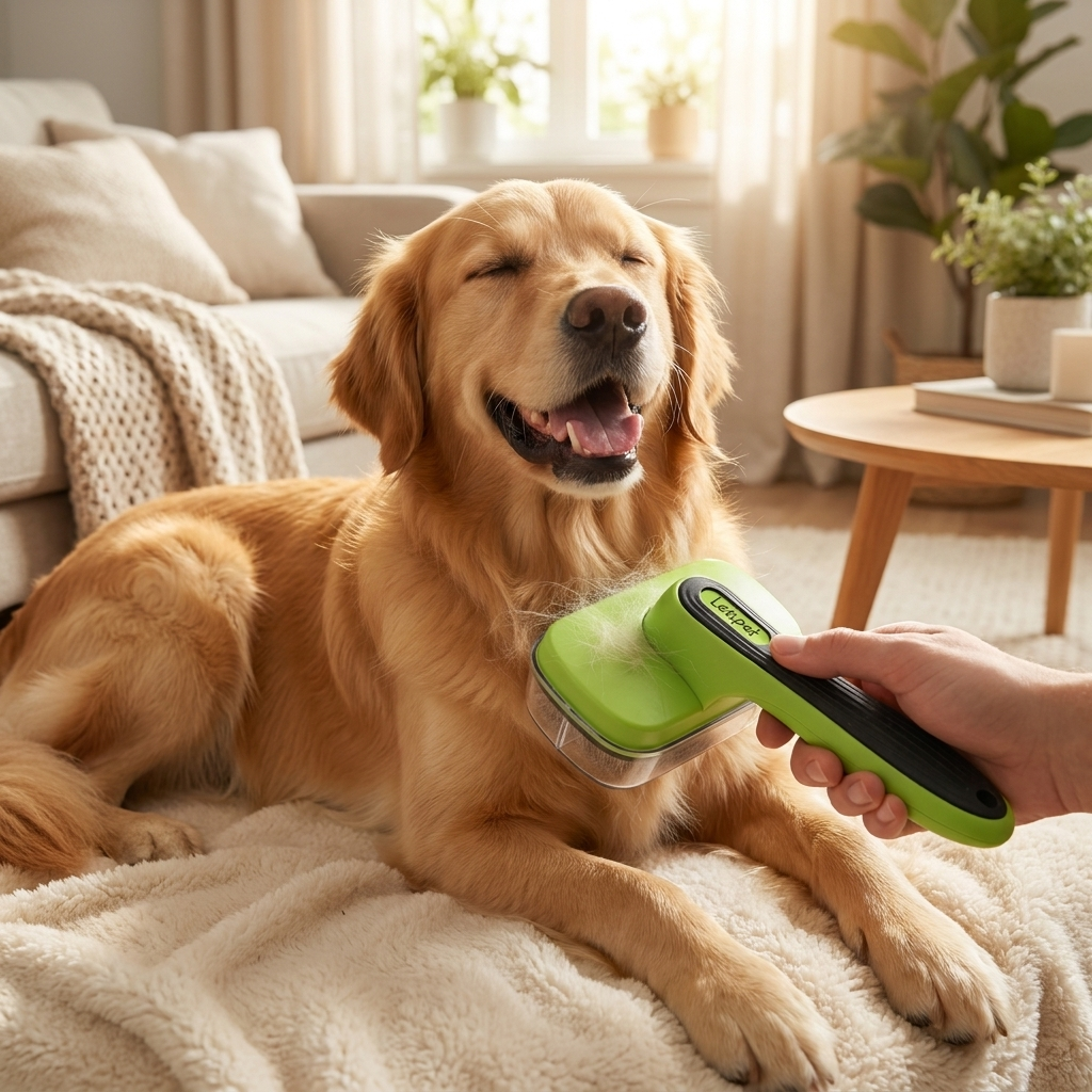 Pet grooming brush in use, lifestyle