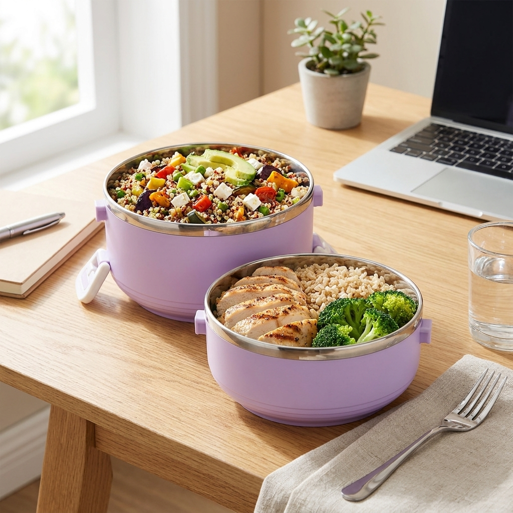 Insulated lunch box with meal, lifestyle
