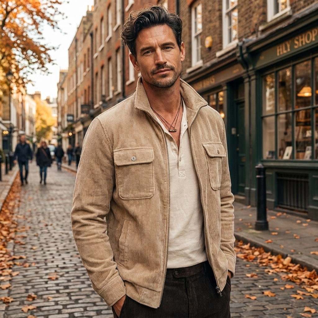 Corduroy jacket worn, lifestyle
