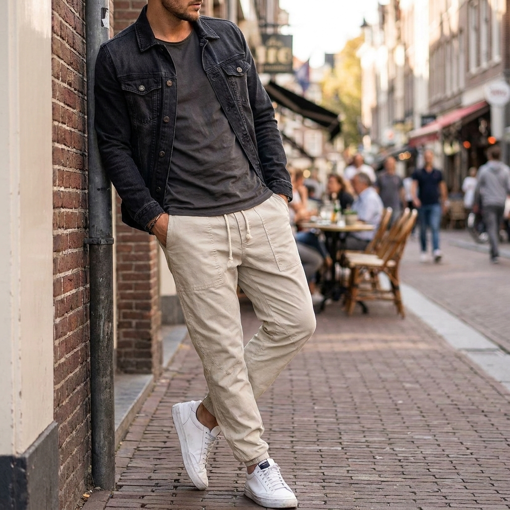 Tapered trousers worn, lifestyle