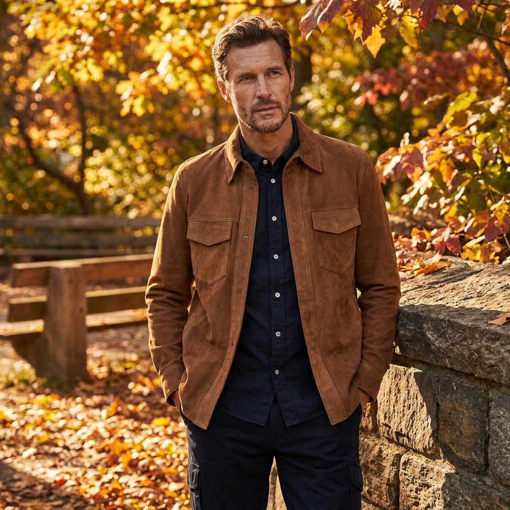 Suede jacket worn, lifestyle